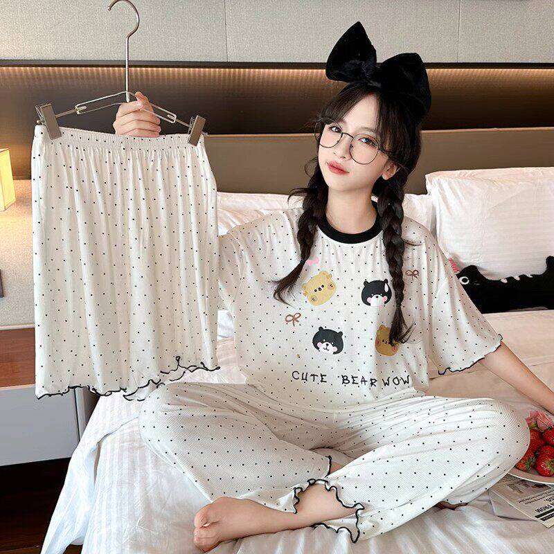 法国Uamtor女童睡衣夏季2025新款家居服莫代尔短袖空调服三件套装