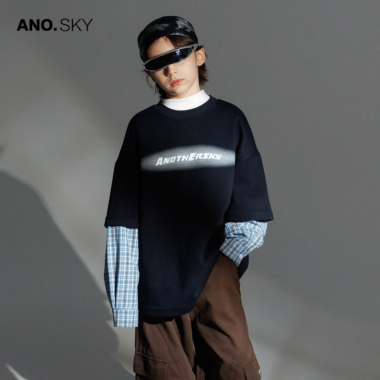 anothersky 男童春季韩范假两件长袖T恤2026新款儿童宽松街舞上衣