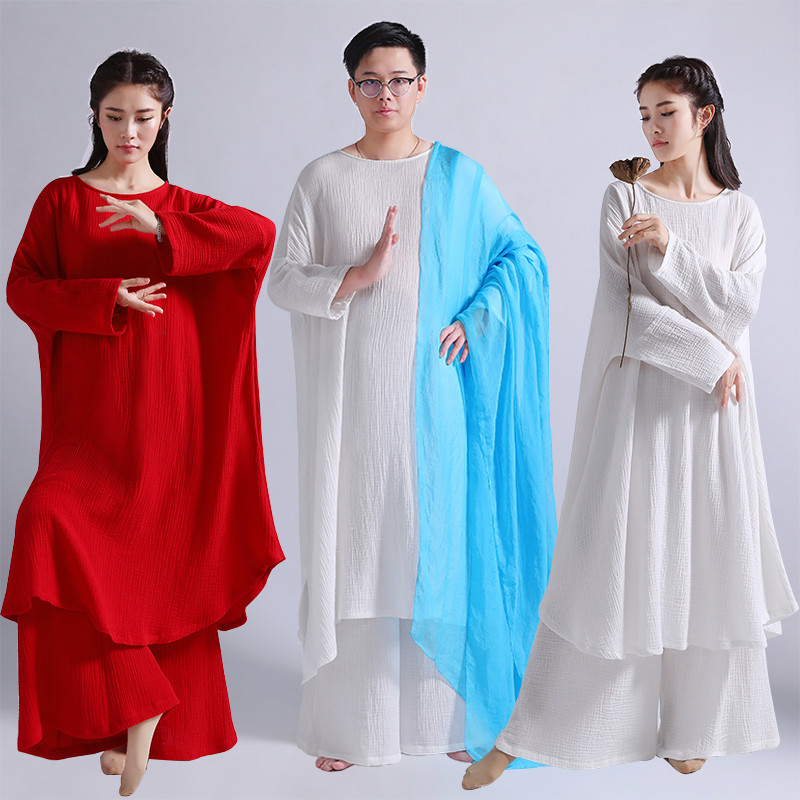 禅舞服装女白色套装中国风复古棉麻禅意宽松禅修服亚麻袍子连衣裙