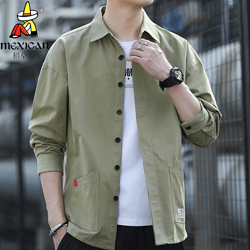 稻草人纯棉男士秋季长袖衬衣休闲工装衬衫宽松休闲时尚百搭外套潮