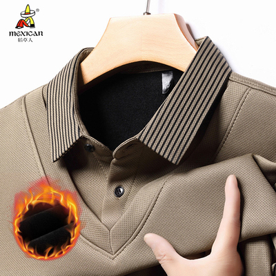 稻草人加绒加厚男士毛衣新款男装衬衫领假两件冬季保暖针织打底衫