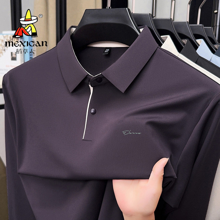 稻草人2025春秋男士无痕长袖polo衫翻领T恤中年衬衫商务打底上衣