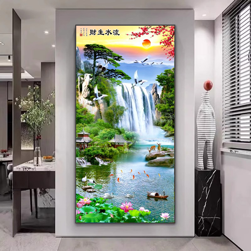 流水生财画入户竖版迎客松风景玄