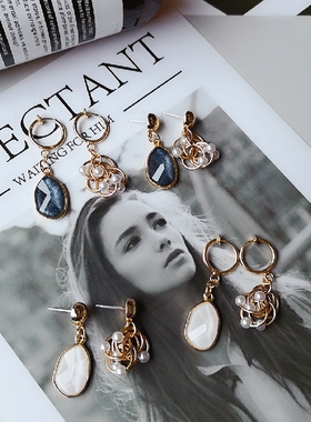 东大门贝壳少女风不对称耳夹珍珠