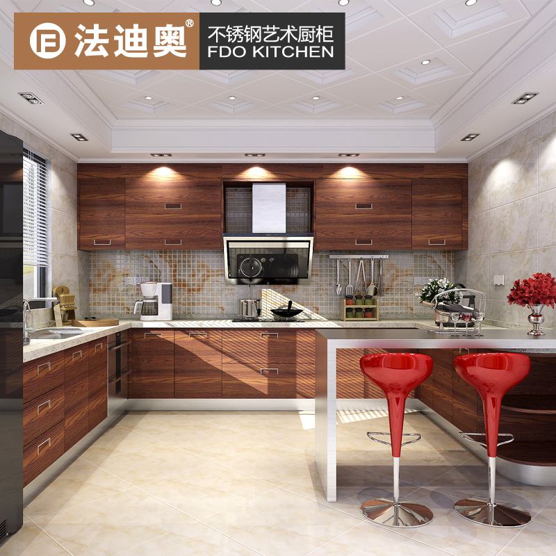 欧式厨房厨柜定做304不锈钢橱柜U型整体定制石英石台面中山珠海