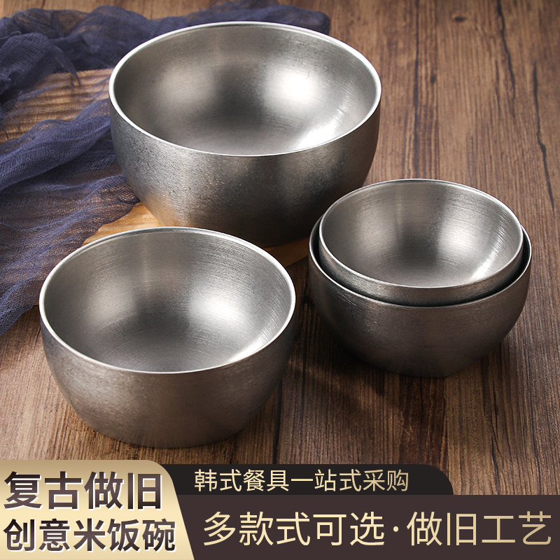 不锈钢米饭碗双层餐碗做旧