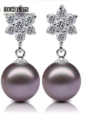 925纯银12-13mm正圆天然淡水珍珠粉耳钉 耳坠紫色珍珠耳饰耳环