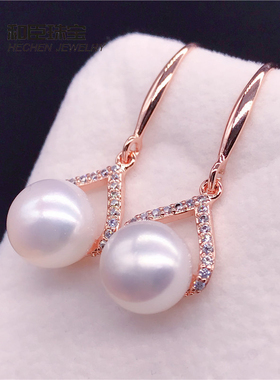 正品假一赔十天然珍珠耳钉8-9mm925纯银耳饰耳坠送女友