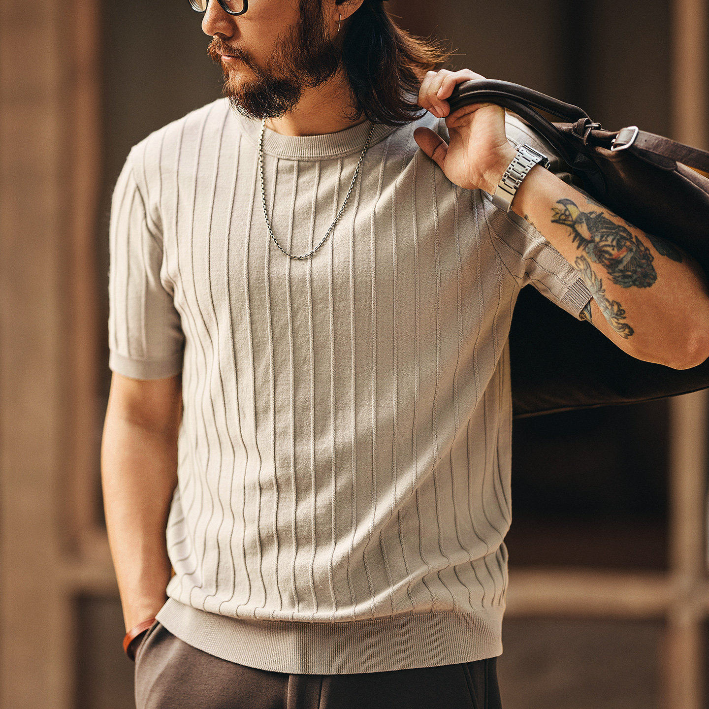 格蓝鹿高端潮牌法式老钱风针织短袖T恤男士2026夏季新款休闲上衣