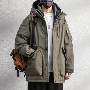 全定制雾绿色工装羽绒服男士中长款冬季加绒加厚保暖冲锋衣男外套