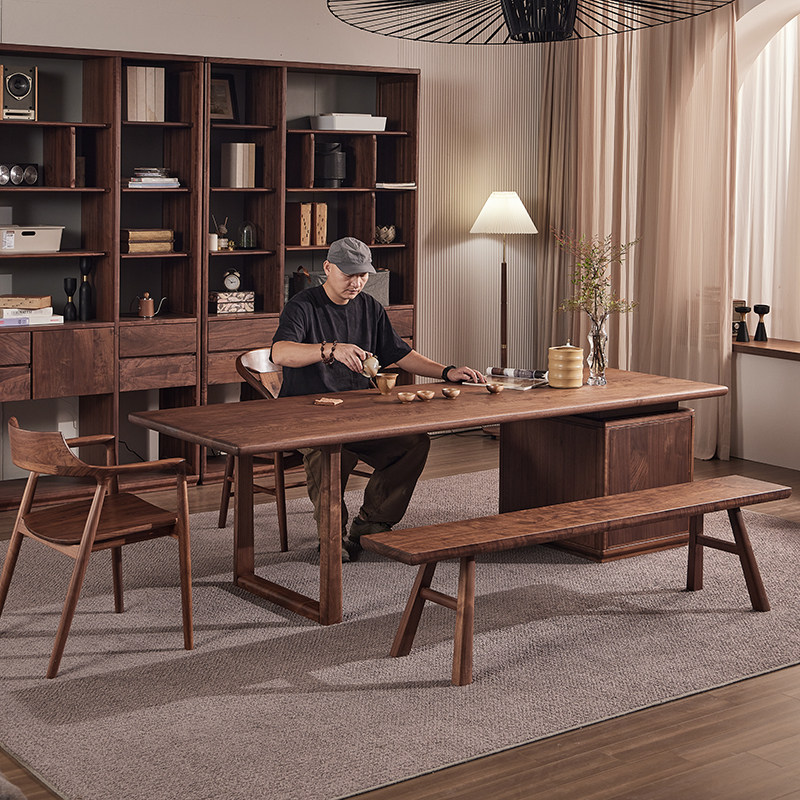 北美黑胡桃木大板茶桌椅实木办公桌书桌原木现代中式老板桌工作台