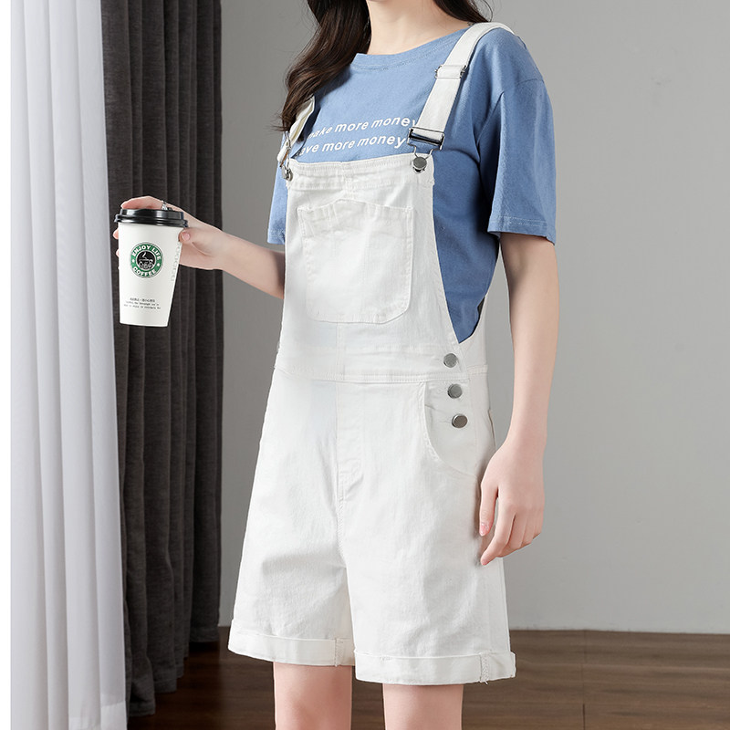 白色背带裤女2023新款少女减龄吊带牛仔裤胖妹妹宽松大码连体短裤_虎窝淘