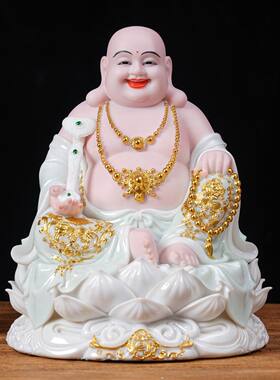 全堂新款弥勒树脂仿玉菩萨大肚佛像开心笑佛供奉客厅家用招财摆件