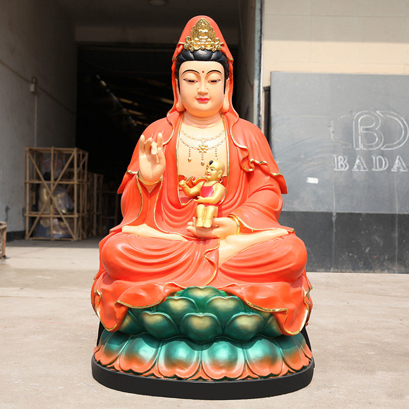 寺庙贴金彩绘1米3送子观音菩萨坐莲花观音佛像1米3贴金观世音菩萨