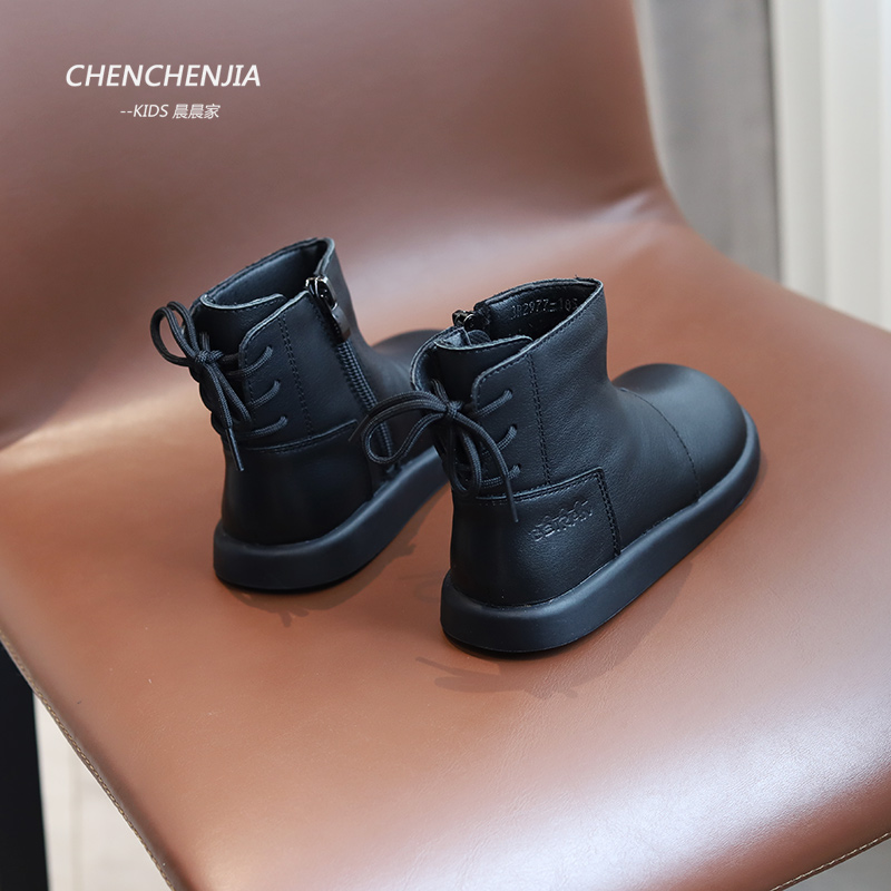 真牛皮短靴儿童秋冬款英伦风潮款