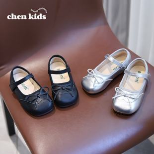 皮鞋女童黑色2025新款公主鞋真皮软底小女孩洋气浅口鞋蝴蝶结银色
