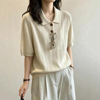 日系燕麦色POLO衫冰丝针织短袖T恤女夏薄款休闲宽松百搭翻领上衣
