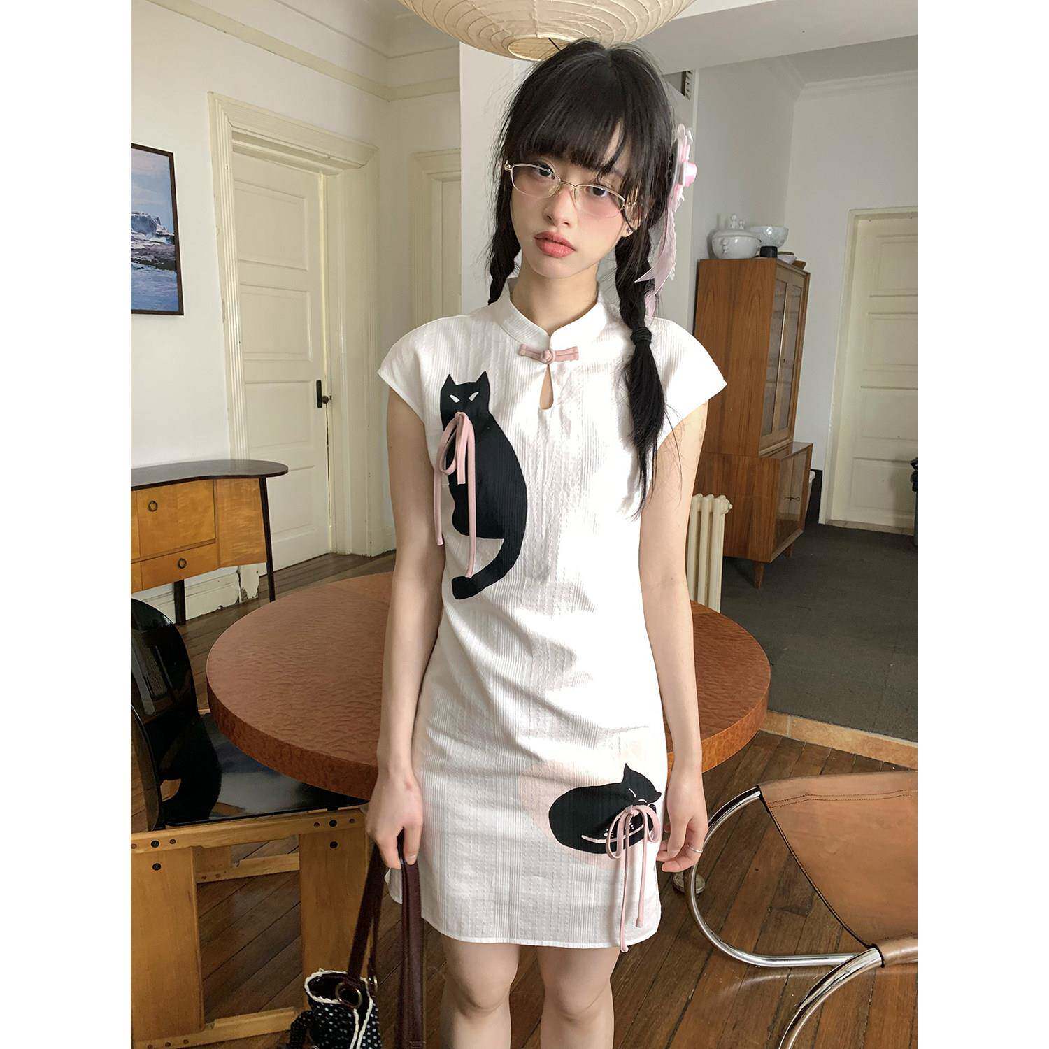 嘿山姥姥 国风猫咪印花新中式洋装子女夏短袖小立领旗袍中长裙