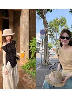 im向 时髦解构’小众斜肩修身短袖t恤女不对称褶皱系扣针织上衣