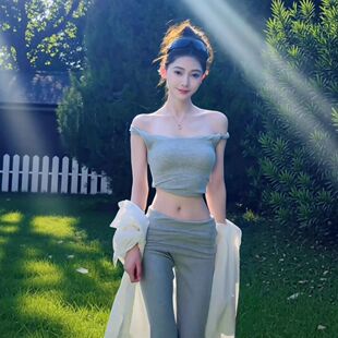 纯欲辣妹风漏肩套装女性感简约吊带露脐短上衣休闲微喇长裤两件套