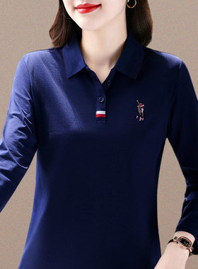 长袖t恤女春秋2024新款棉polo衫中年妈妈减龄漂亮正肩夏别致上衣T