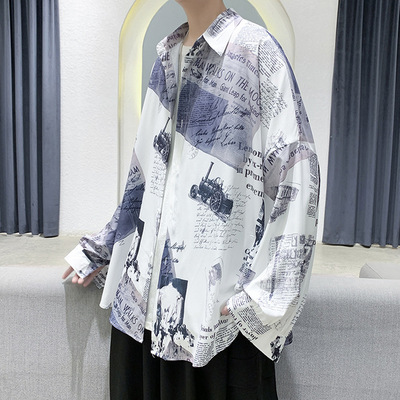 珀斯人帅气潮流拼色印花衬衣男士时尚宽松外套秋季情侣垂感花衬衫