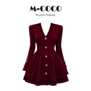 parkyeon法式小香风V领长袖连衣裙女春季富家千金感收腰A字短裙