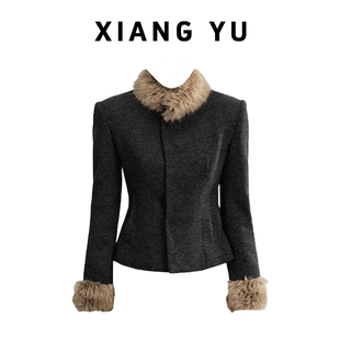 parkyeon秋冬新款小香风可拆卸毛领毛呢外套收腰显瘦短款气质上衣