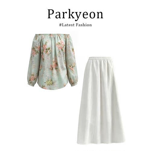 parkyeon法式新款高级感一字肩碎花衬衫女百搭显瘦半身裙两件套装