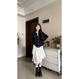 【现货】韩系学院风藏蓝色毛衣外套女不规则仙女半身裙秋冬套装