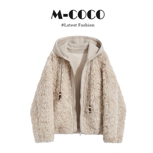 parkyeon韩系设计感羊羔毛连帽外套冬季新款阔腿休闲裤两件套