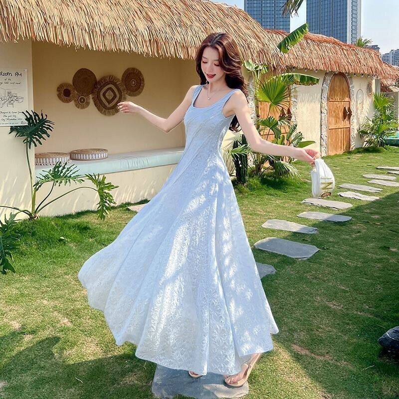 法式蓝色方领吊带连衣裙女夏海边度假气质感收腰显瘦蓬蓬长裙