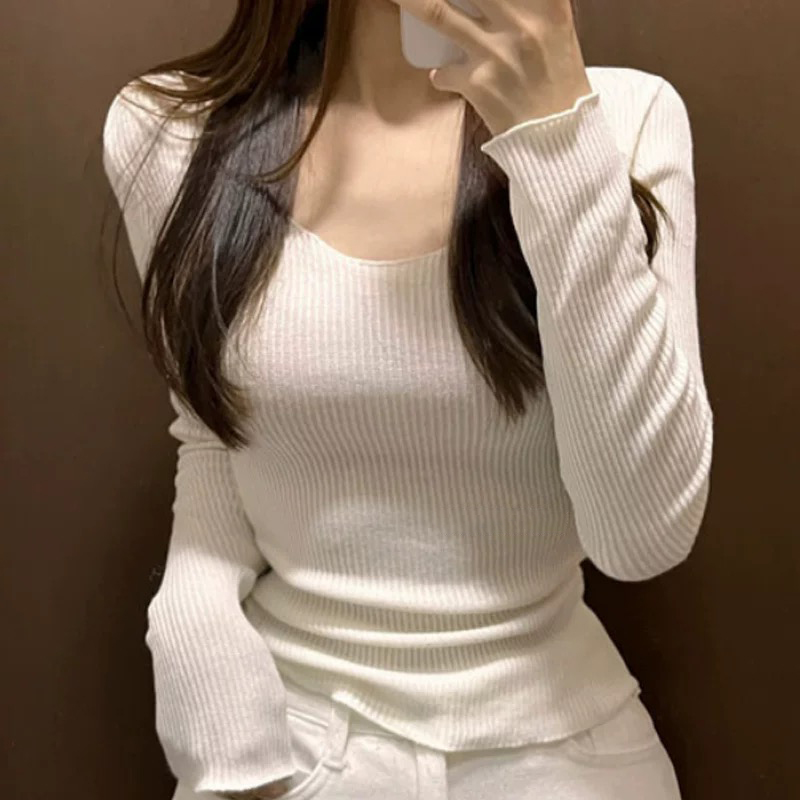 秋冬大U领露肩显瘦长袖打底T恤