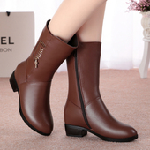 2025冬季 女靴真皮中跟加绒羊毛中筒靴中年妈妈粗跟马靴半靴皮靴子