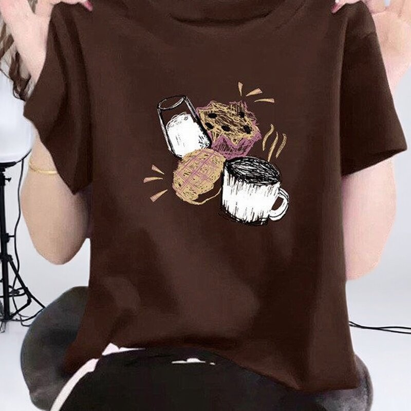 咖啡色美拉德穿搭正肩纯棉圆领短袖t恤女ins韩版时尚洋气百搭上衣