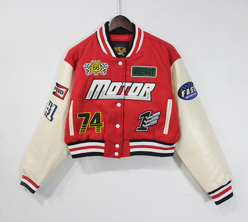 外贸秋冬季女士美式休闲外套刺绣复古骑行赛车服短款机车棒球夹克