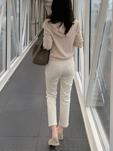 九分法棍裤 2026春季 女小个子烟管裤 米白色弹力小直筒牛仔裤 子 新款