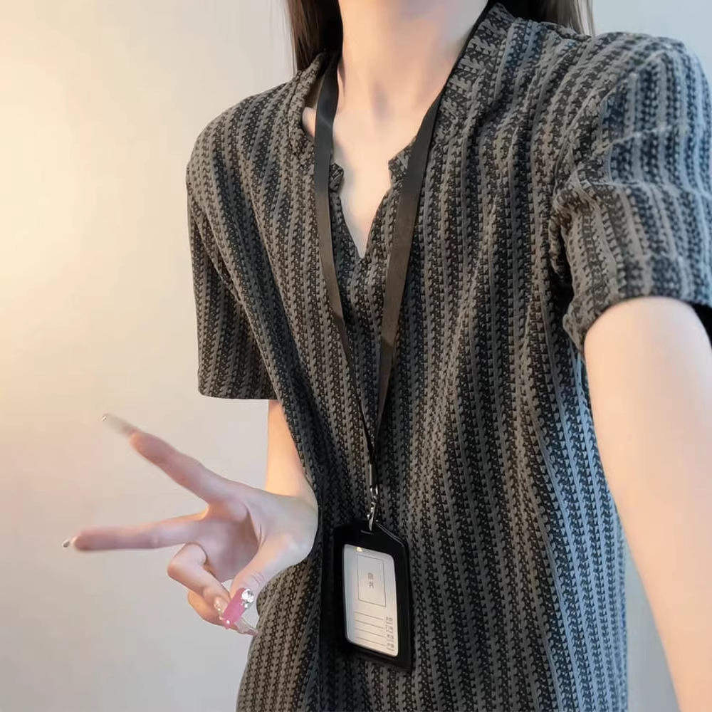 鱼骨纹领短袖恤男款夏季美式复古慵懒风宽松百搭情侣半袖T恤套头