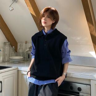 工厂日式复古短宽版翻领针织马甲背心男女叠穿百搭无袖毛衣马夹