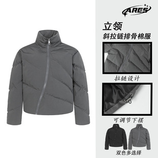 美式解构斜拉链短款立领排骨羽绒棉服加绒保暖外套男款休闲青少年