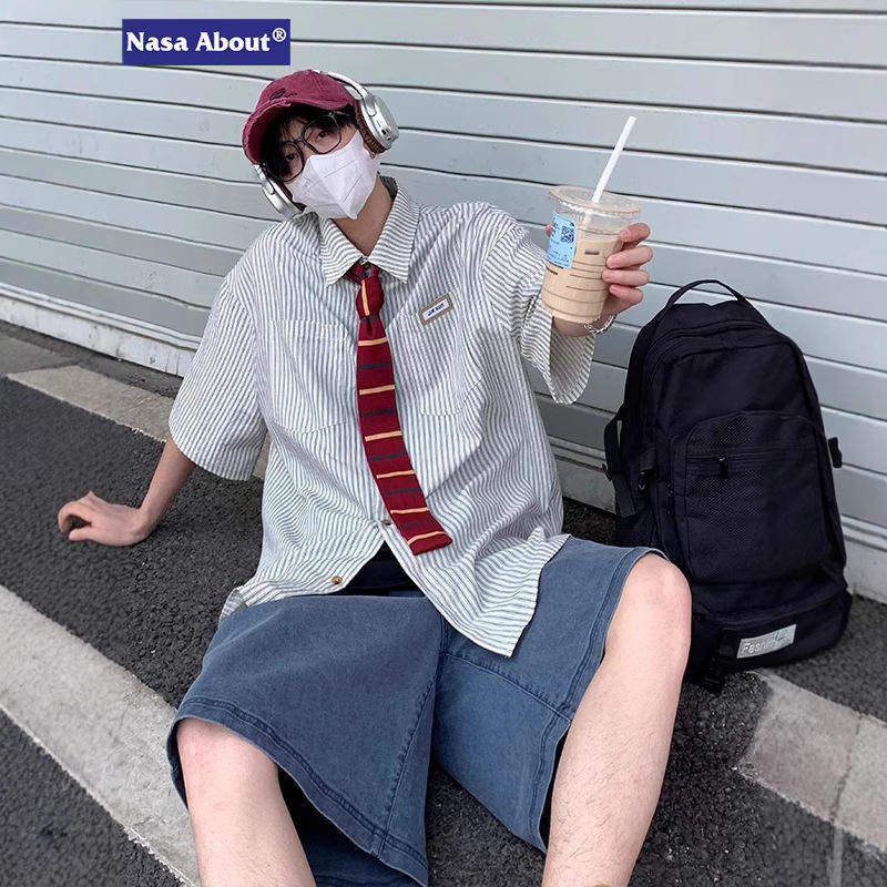 条纹短袖衬衫日系制服男女夏季情侣大码衬衣学生班服上衣免烫处理