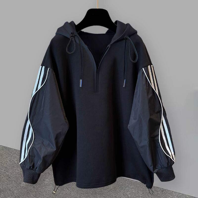 条纹拼接半拉链连帽卫衣男秋季韩版潮流痞帅休闲学生宽松套头外套