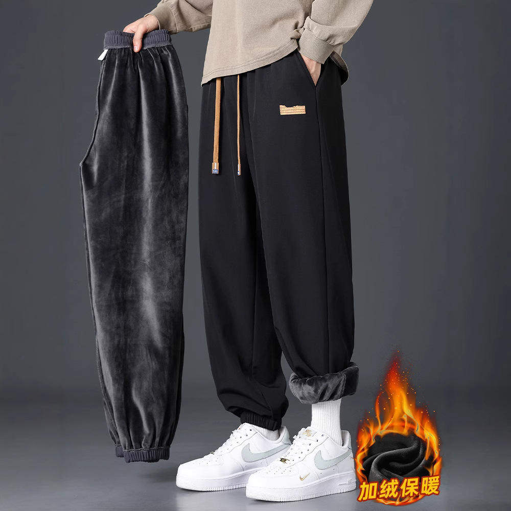 加绒裤子男士秋冬季潮棉裤加厚运动束脚宽松直筒休闲休闲裤中腰