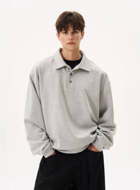 新款 春季领卫衣男简约百搭基础款纯色翻领长袖上衣潮徽章C92休闲