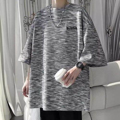 华夫格短袖t恤男2024夏季新款刺绣设计感宽松大码oversize五分袖