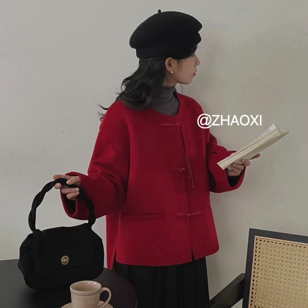 新中式双面羊毛外套圣诞新年喜庆短款韩版宽松小个子流苏盘扣大衣