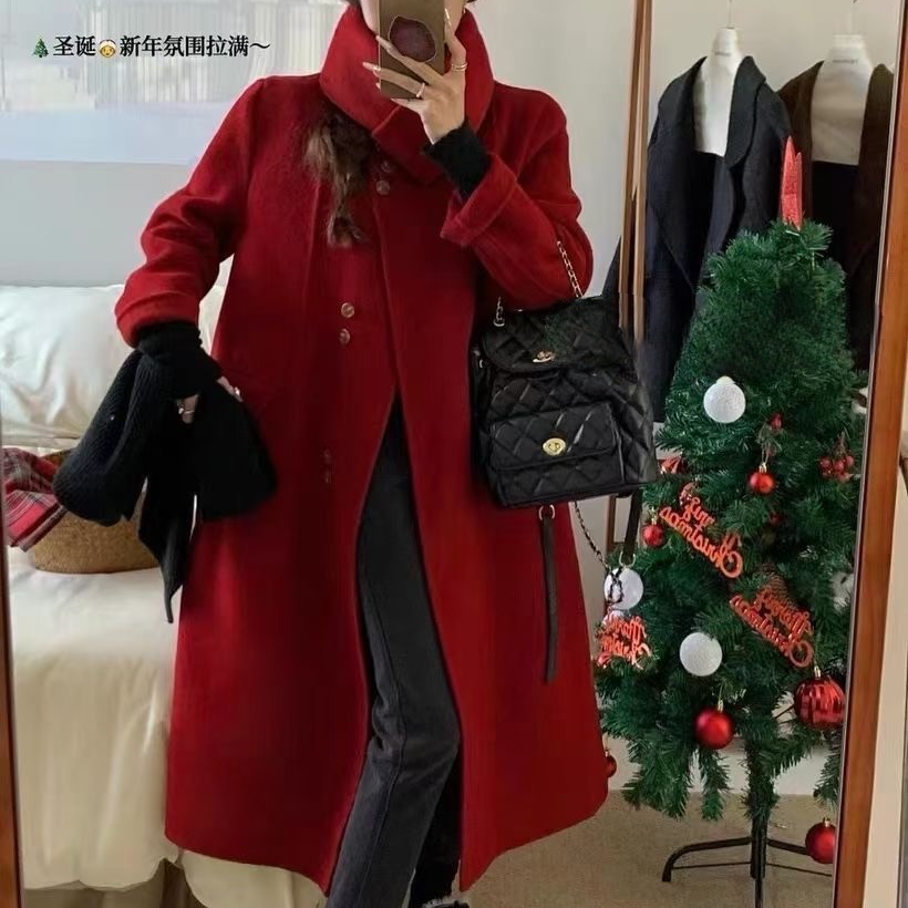 新款圣诞新年单排扣双面长款红色羊毛大衣带围巾韩版气质羊绒外套