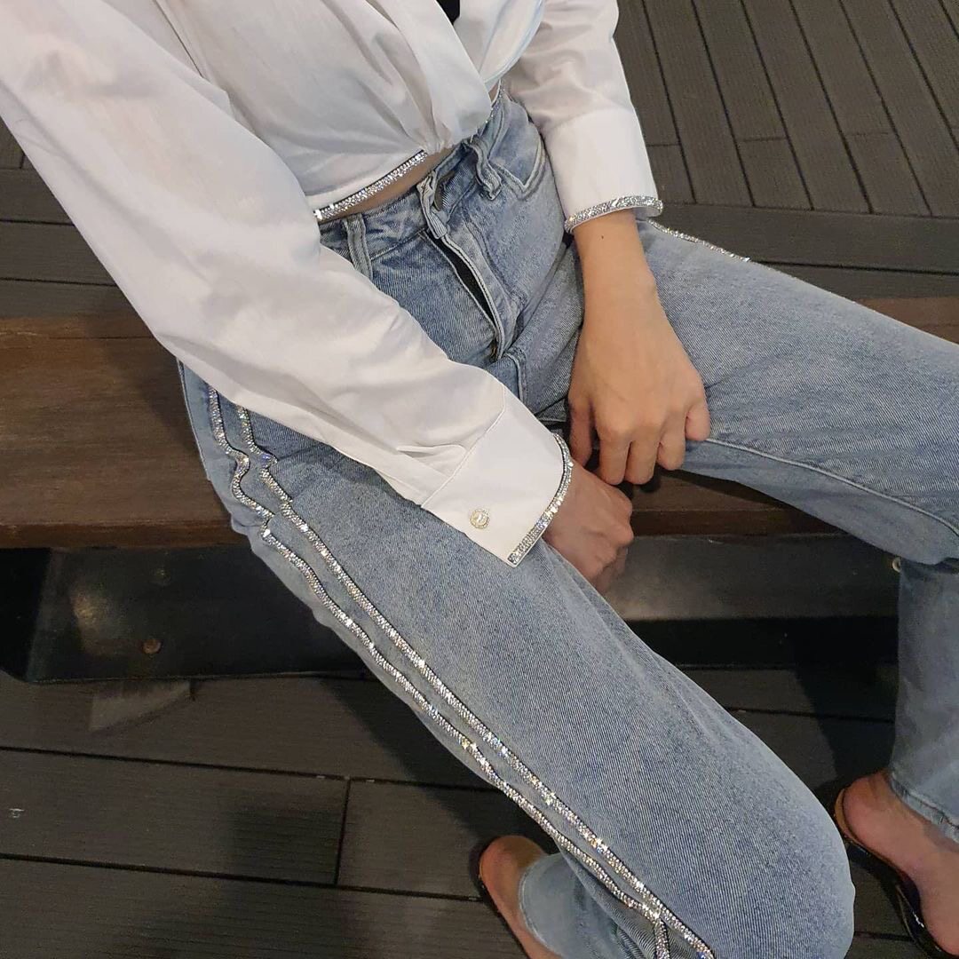 白流苏裤子女设计感水钻小众显瘦高腰修身小脚烟管直筒牛仔裤ins