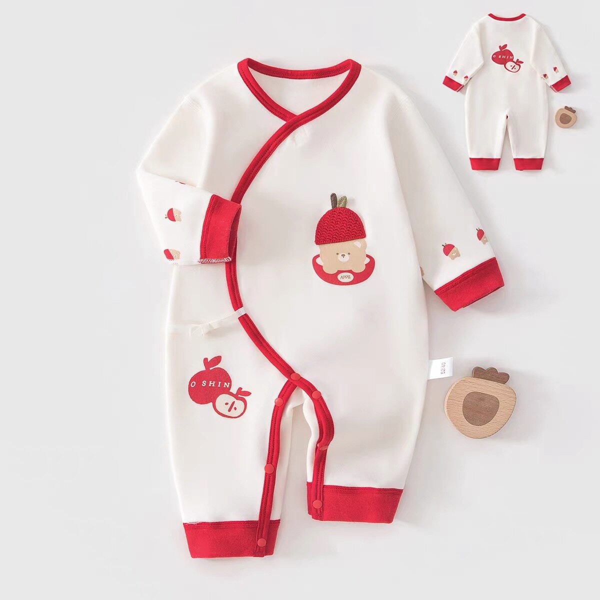 Boyo新生儿棉毛蝴蝶衣春季小月龄宝宝哈衣系带爬服新生儿纯棉爬服