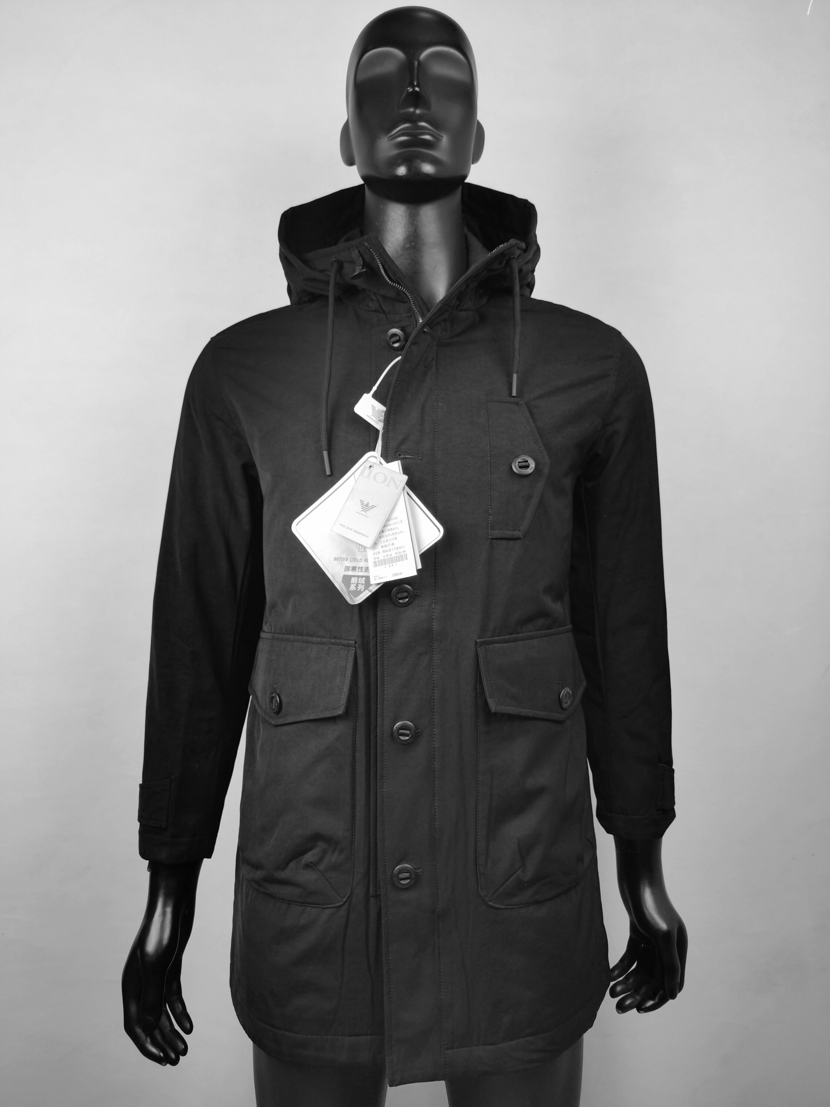 大品牌男士鹅绒服连帽中长款纯黑